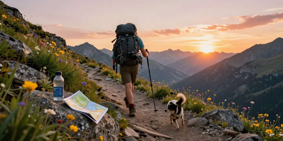 Hiker with backpack exploring a scenic mountain trail at sunset near https://www.fightandflight.com, showcasing vibrant nature.