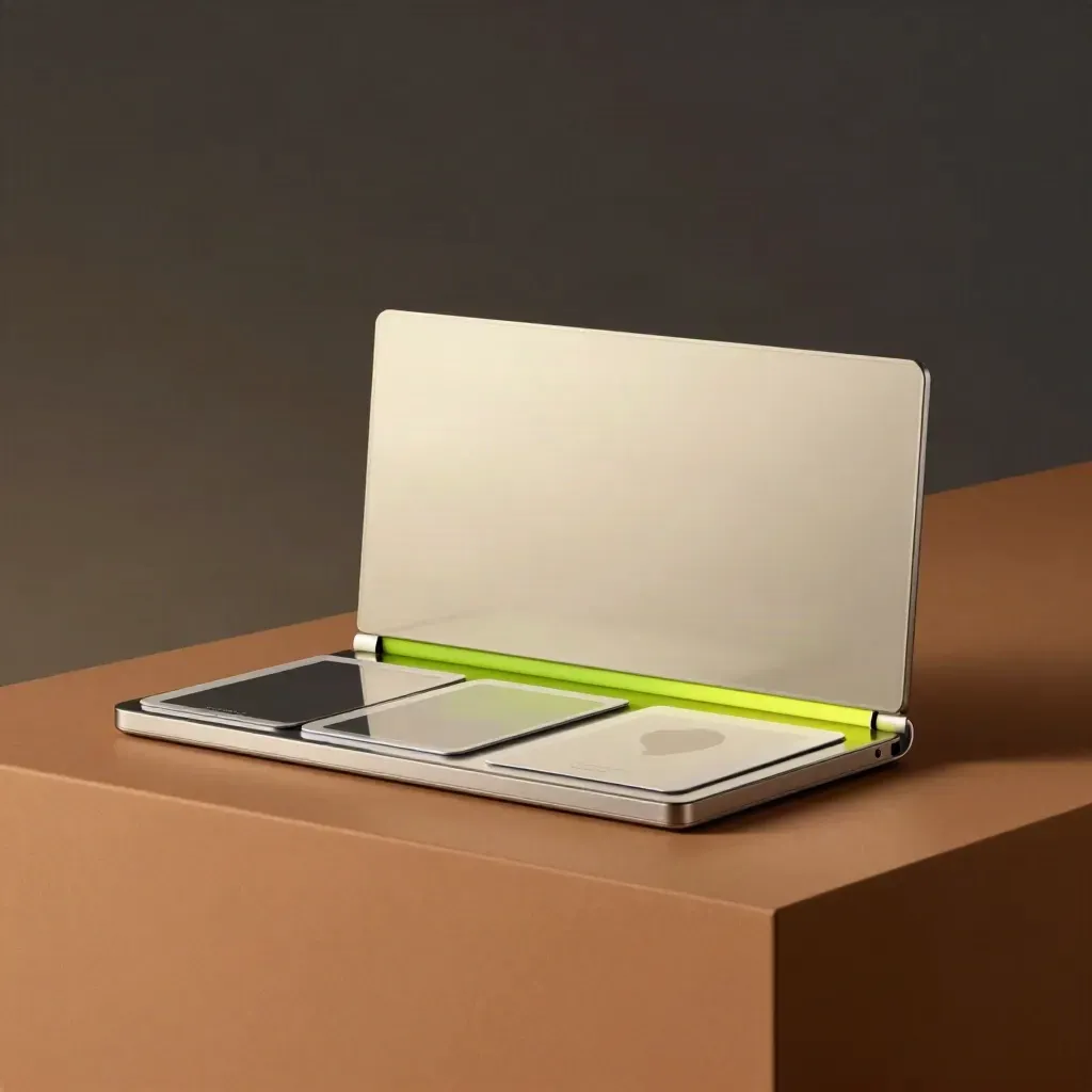 Half-open social media profile makeover kit with blank avatar cards and lime accents
