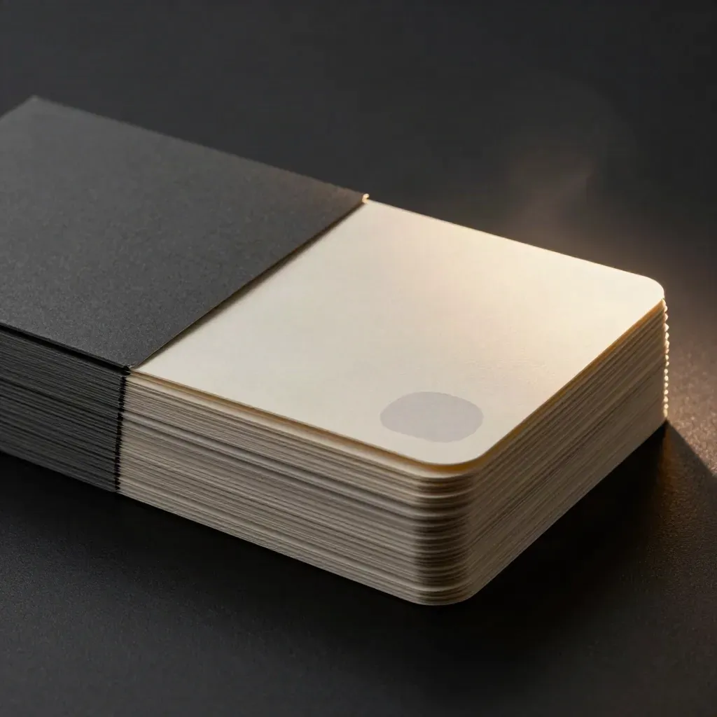 Dark studio close-up of reply cards, bubble tiles, and a slim sleeve on matte black.