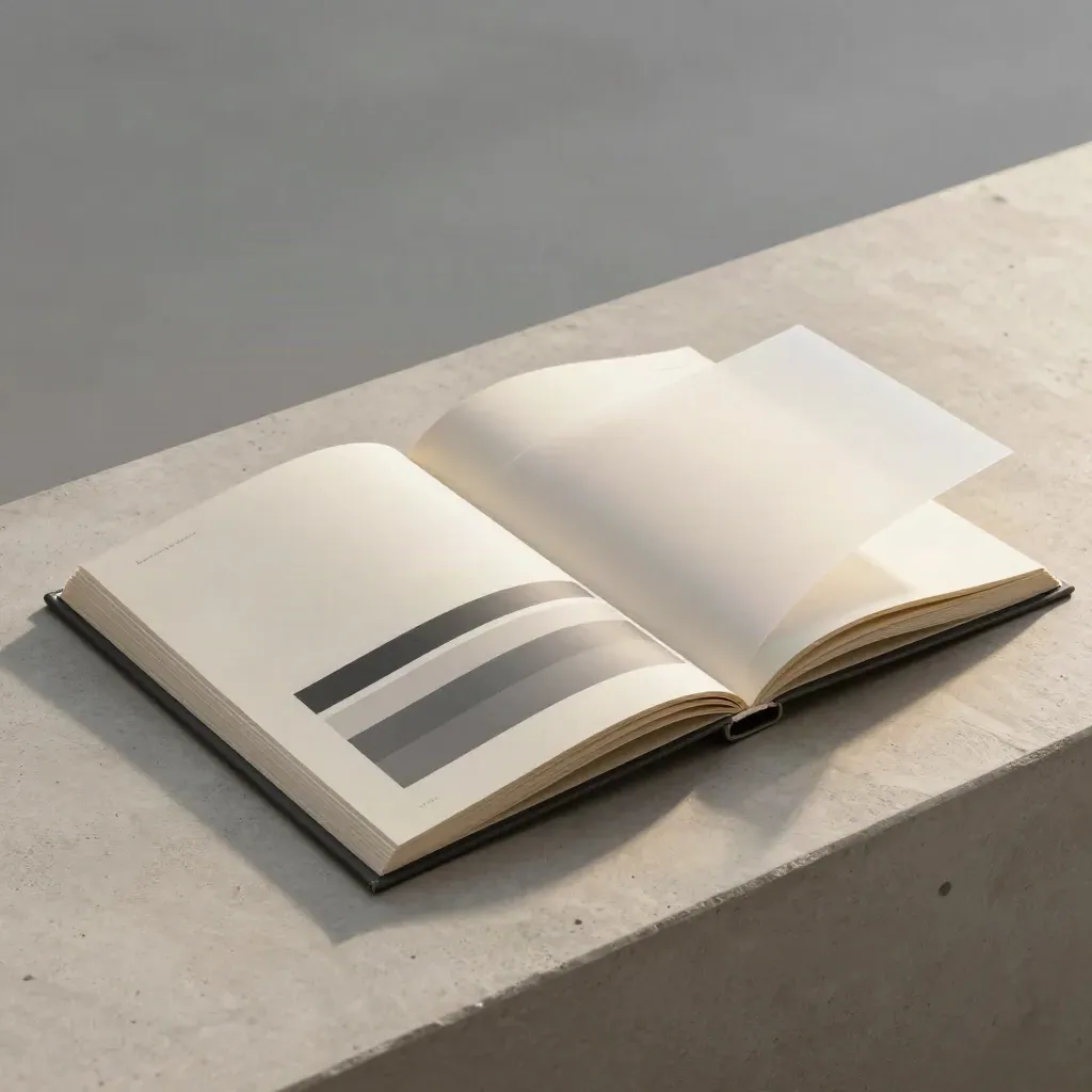 Overhead flatlay of a bound analytics report with tabs, bars, and a translucent sheet on concrete.