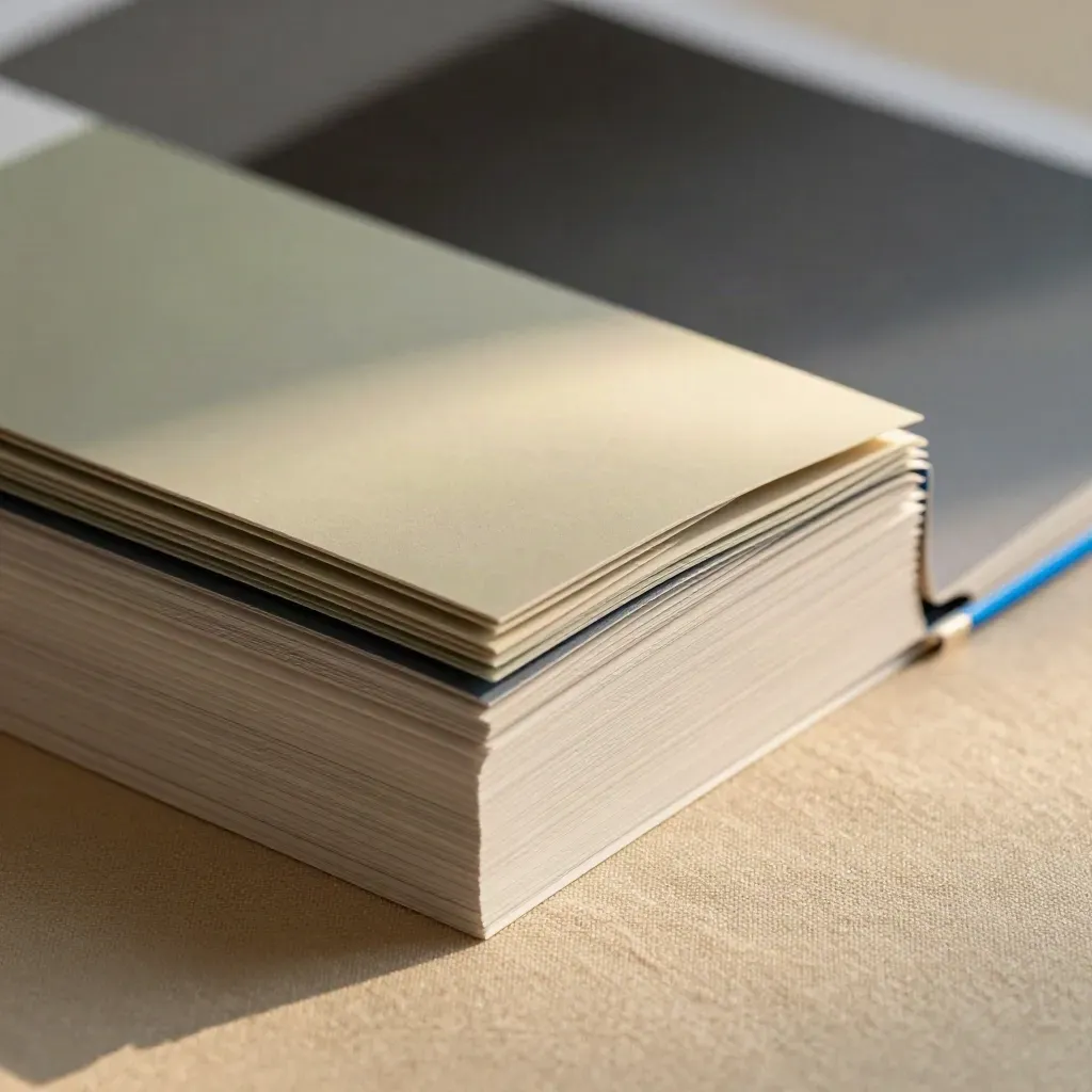 Macro of a layered post-design sleeve with stacked paper samples and blue-edged swatches