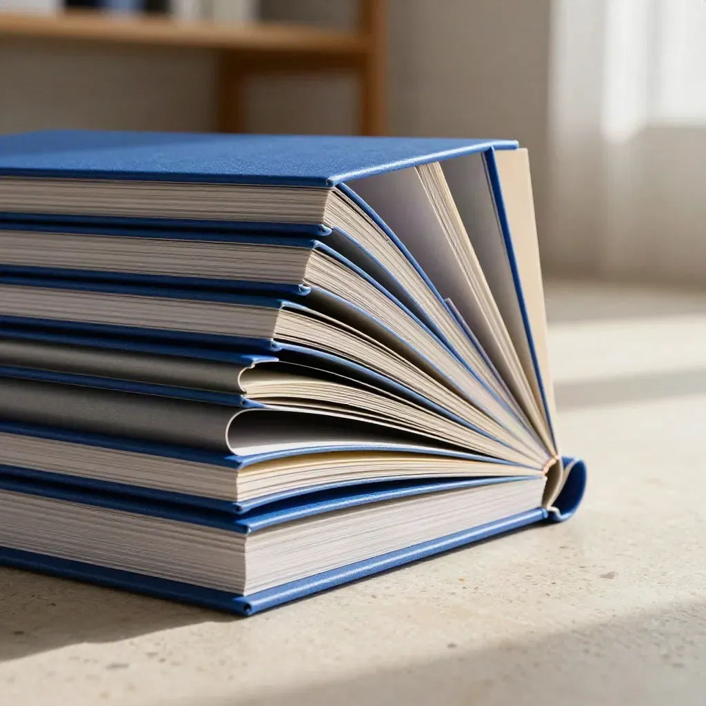 Stacked social planning boards with electric blue tabs on a sleek studio surface.