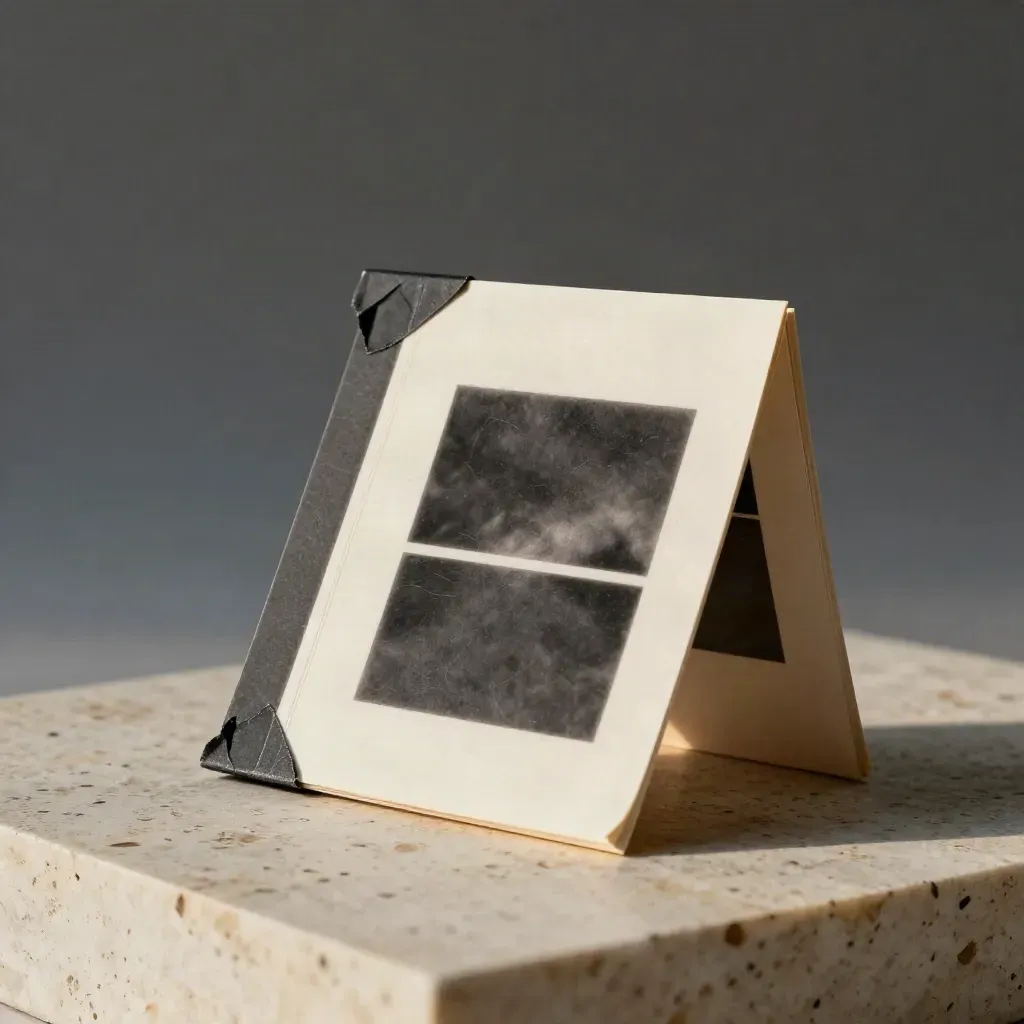 Macro of layered storyboard cards, tape strips, and foldout frame on travertine.