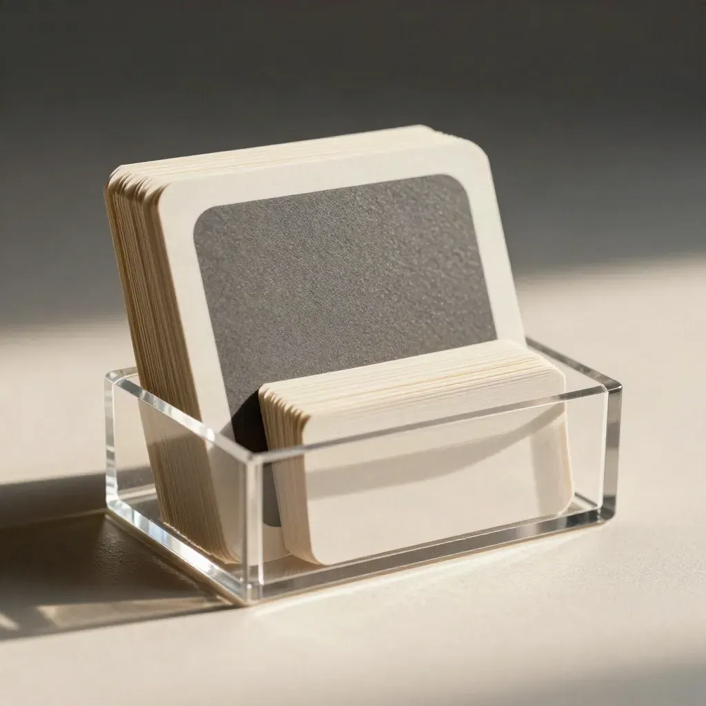 Hero shot of stacked lead-gen cards in a translucent acrylic holder on a dark studio ground.