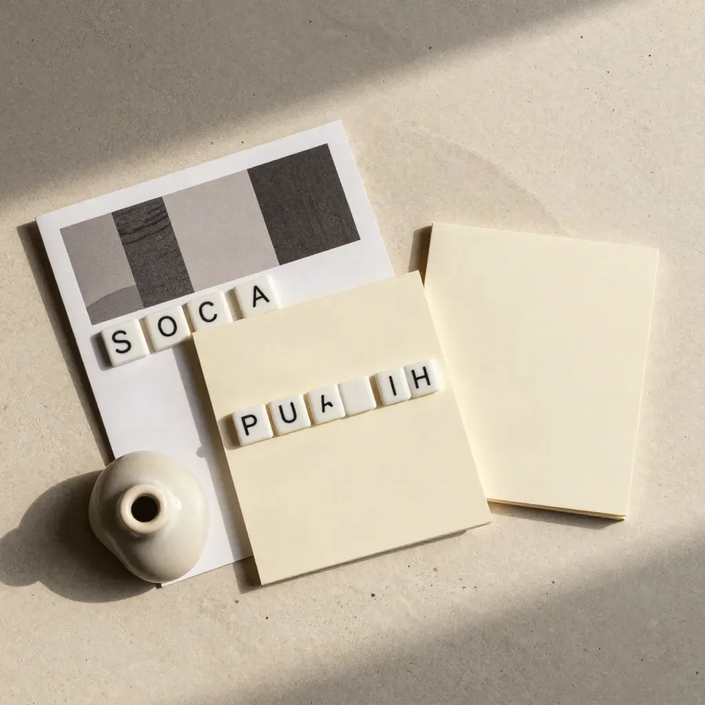Overhead flatlay of support cards, icon tiles, and a small ceramic piece on pale concrete.