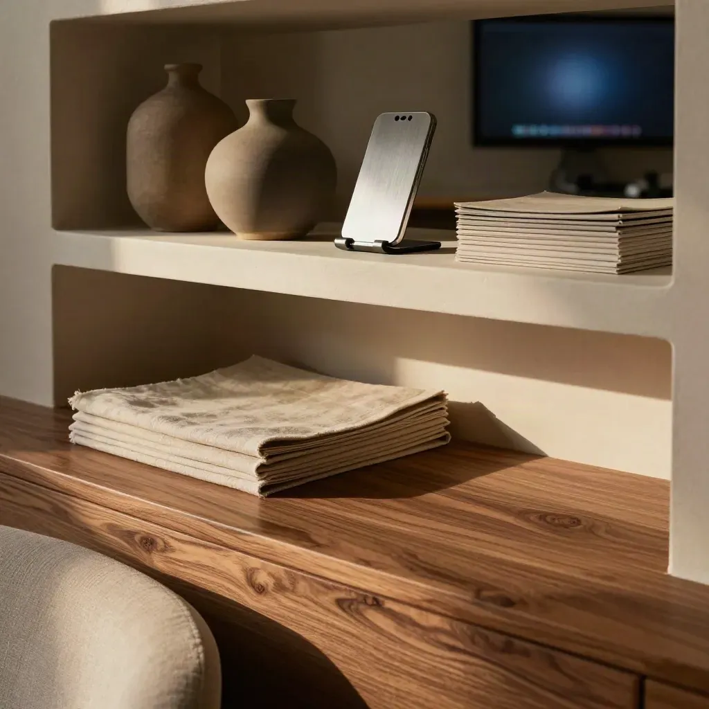Walnut shelf with linen folders, matte vessels and a faint blue workstation glow in warm afternoon light.